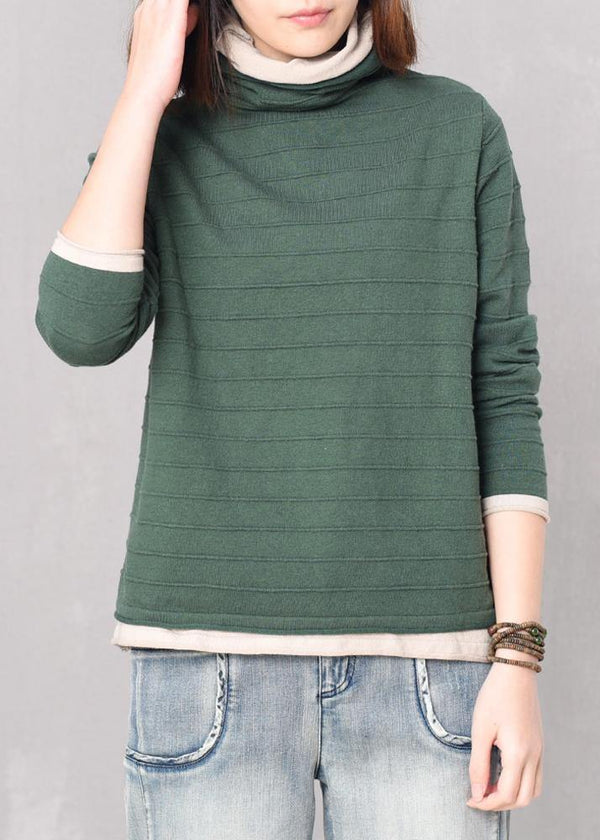 Pullover green knitted blouse plus size high neck knitwear false two pieces