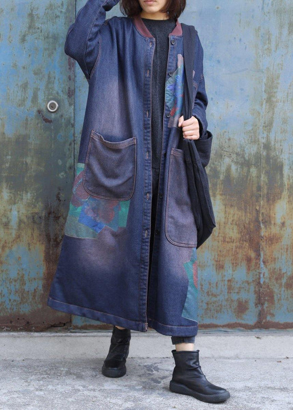 Classy blue prints Fashion trench coat Inspiration two big pockets thick coats