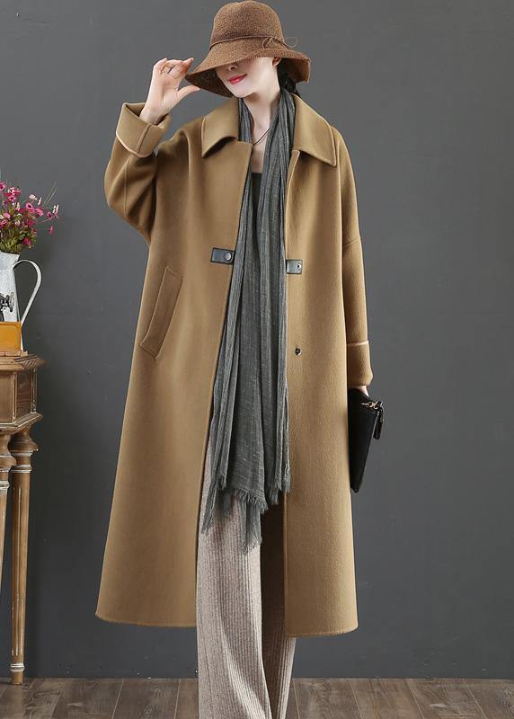 Elegant oversize Coats winter woolen outwear brown lapel pockets wool coat for woman