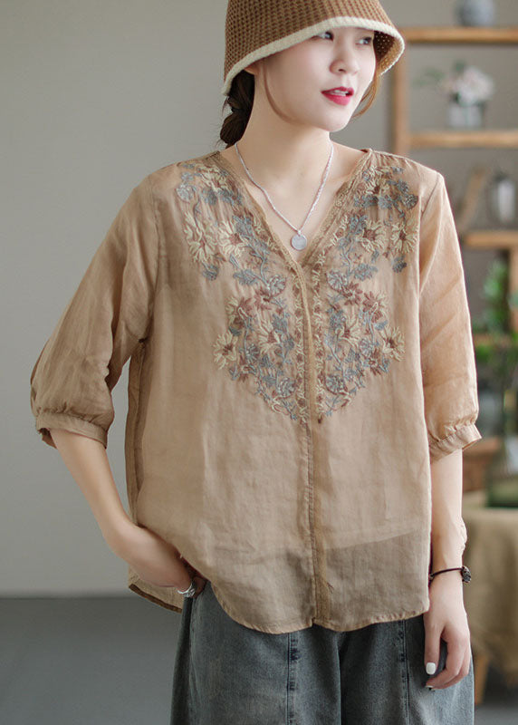 Vintage Khaki Embroidered Lace Patchwork Linen Shirt Top Half Sleeve