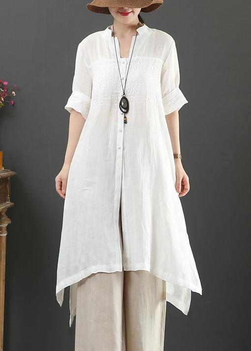 Bohemian white linen crane tops v neck tunic summer blouses