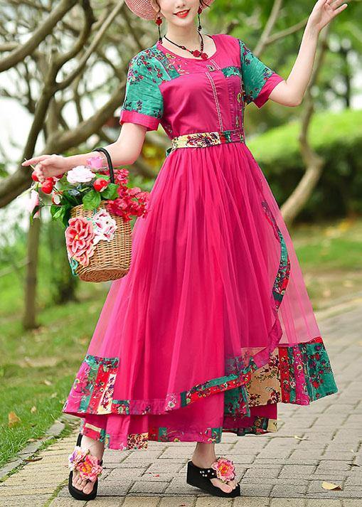 French rose print cotton quilting clothes o neck patchwork tulle long summer Dress