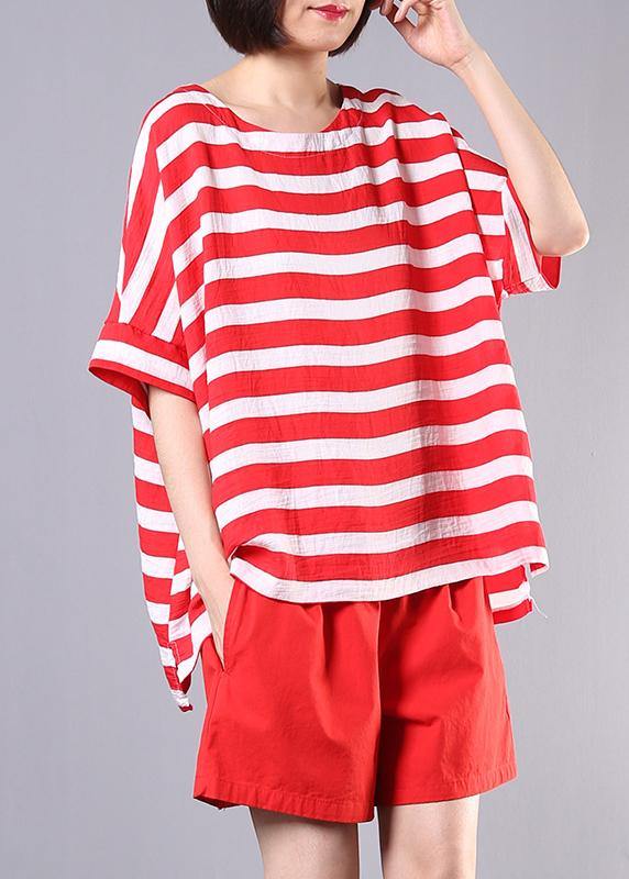 summer women two pieces red striped o neck tops and casual shorts