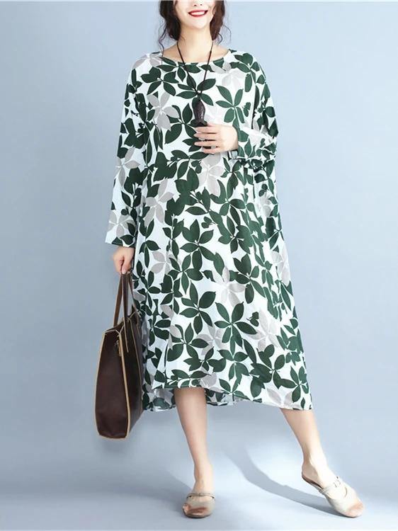 Italian green print cotton clothes For Women o neck long sleeve Maxi Dress