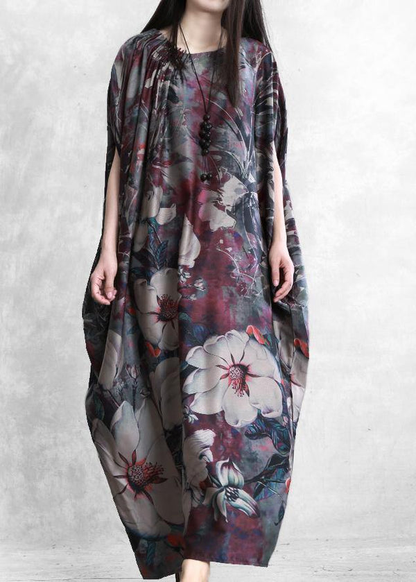 Natural purple print clothes For Women o neck Batwing Sleeve robes Dresses