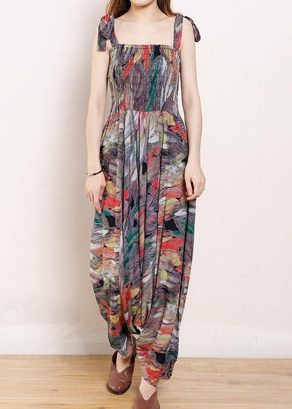 Organic Cotton Sleeveless Fun Vintage Cotton Print Drawstring Loose Jumpsuit