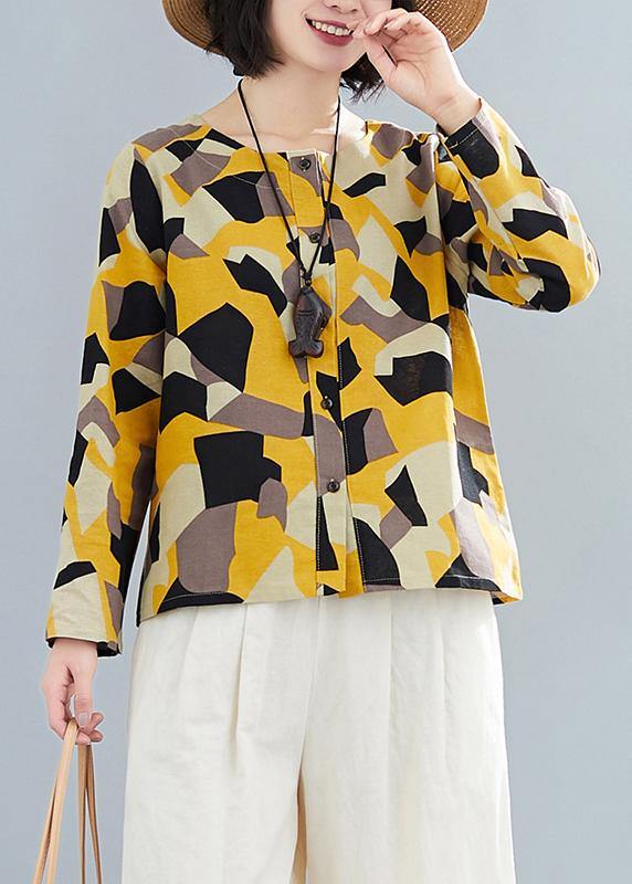 French O Neck Button Down Shirts Inspiration Yellow Geometric Top