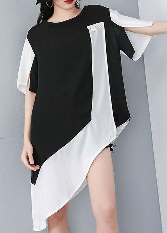 Women Black Personality Loose clothes Casual  Spliced Irregular Chiffon T-Shirt