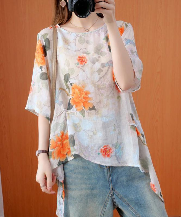 diy orange print clothes o neck asymmetric Art summer tops