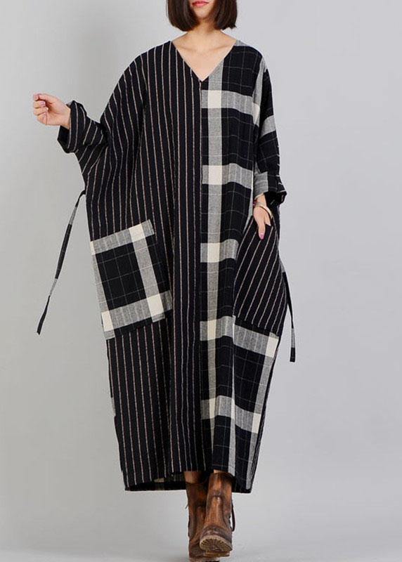 Women black plaid cotton dress v neck patchwork Large pockets fall Dresses