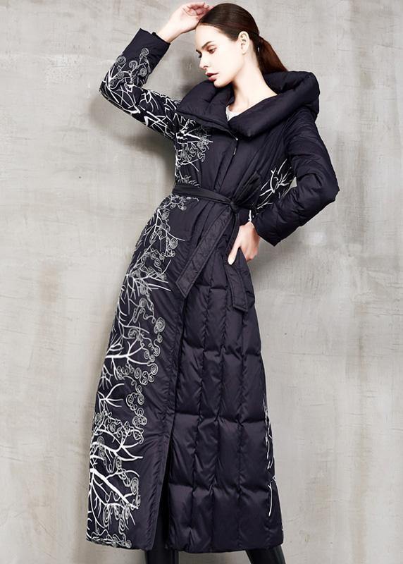 Casual black prints down jacket woman oversize hooded winter jacket tie waist New winter outwear