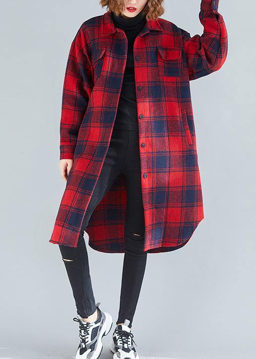 Loose red plaid cotton top silhouette lapel pockets Dresses blouses