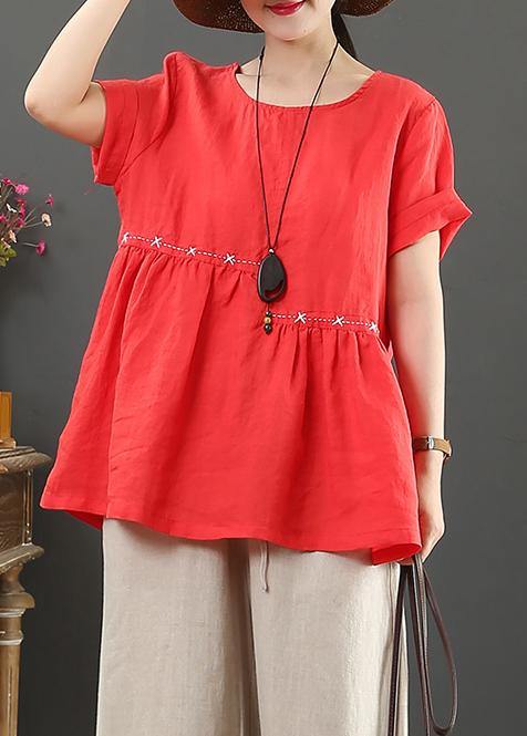 Women red cotton linen tops Cotton o neck Cinched tops