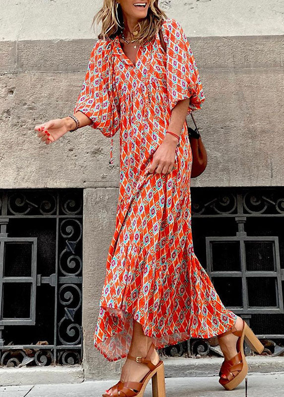 Plus Size Orange Lace Up Patchwork Print Exra Large Hem Long Dresses lantern sleeve