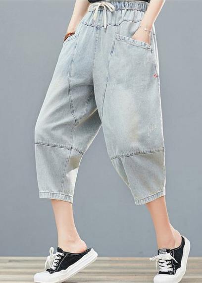 Drawstring personality pocket washed jeans plus size women's elasticated waist cropped pants