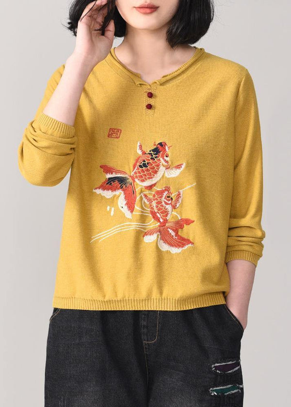 Cozy yellow knit t shirt Loose fitting animal embroidery knitted sweater long sleeve