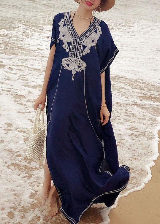 Italian Blue Embroidered side open kimono robe Maxi Dresses Summer Cotton