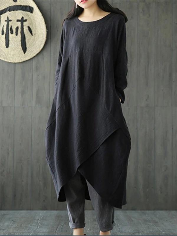 Bohemian o neck asymmetric linen cotton springLong Shirts Catwalk black Dresses
