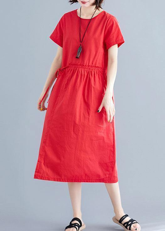 Vivid red linen cotton Robes o neck drawstring Maxi summer Dress