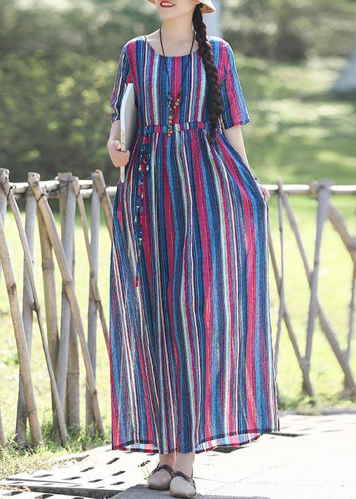 Loose o neck Half sleeve linen cotton outfit 2019 Photography blue striped long Dresses Summer