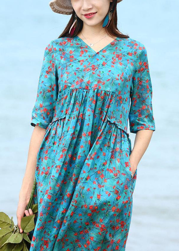 French blue floral linen clothes For Women patchwork long v neck Dresses