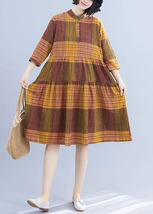 Natural yellow plaid linen clothes For Women stand collar Maxi summer Dresses