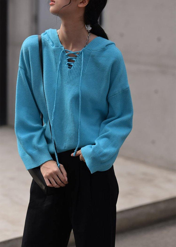 Aesthetic blue Sweater Blouse hooded drawstring casual knitwear