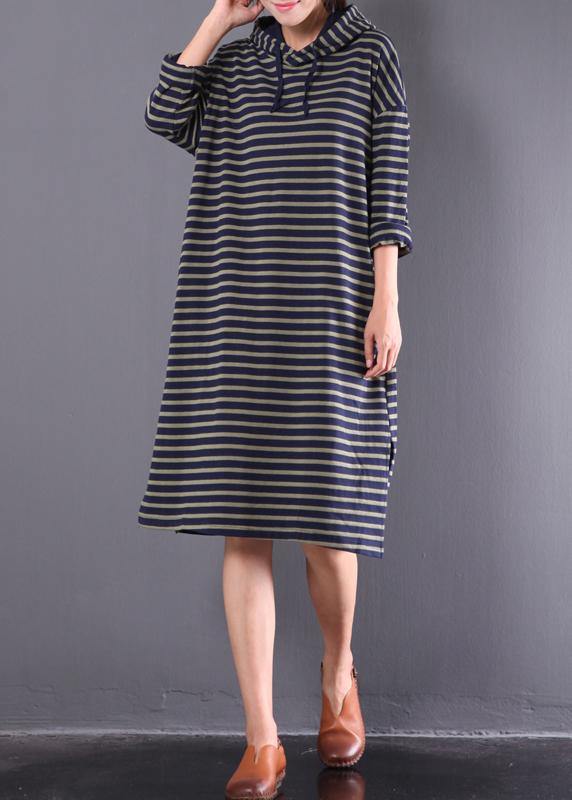 Beautiful blue striped linen clothes For Women hooded drawstring daily spring Dress