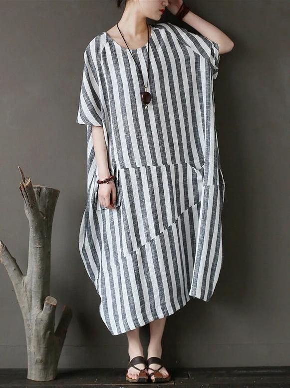 Style black striped cotton tunics for women o neck patchwork Art Dress