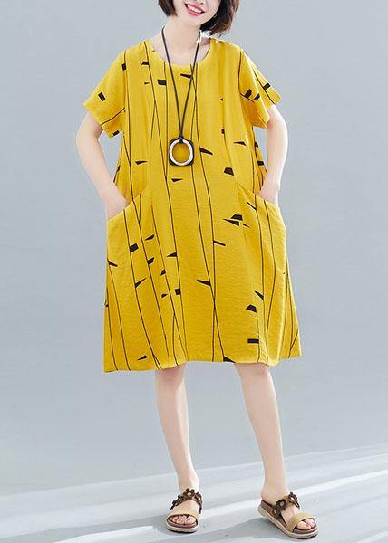 Women o neck pockets Cotton tunic dress Fabrics yellow print Dresses summer