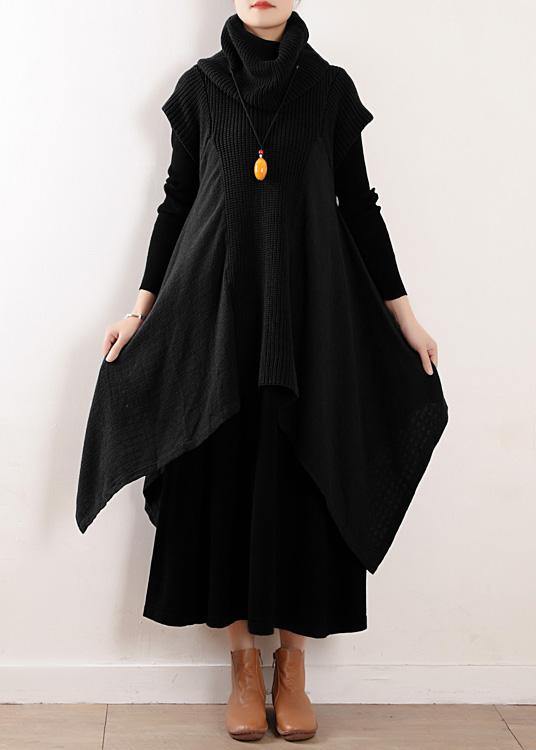 Women black linen clothes For high neck asymmetric patchwork fall Dresses