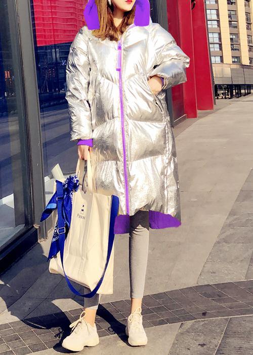 New silver patchwork purple down jacket woman Loose fitting snow jackets hooded zippered Casual Jackets