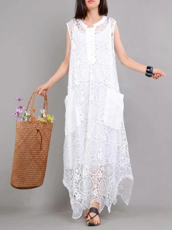 Organic white clothes For Women pockets asymmetric Kaftan summer Dresses