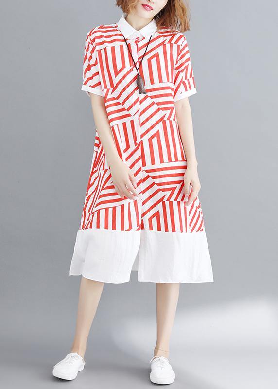 Vivid red striped tunic shirt dress lapel Button Down daily summer Dress
