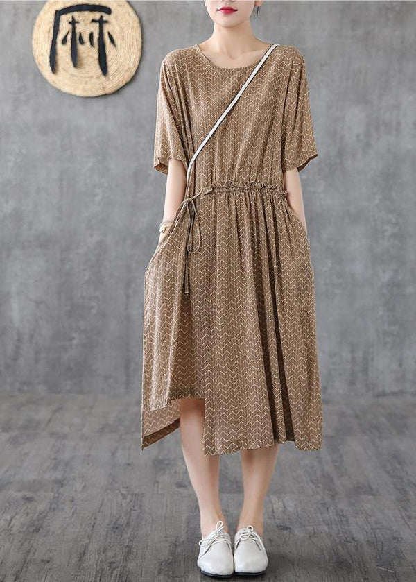 Elegant o neck asymmetric cotton linen dresses Catwalk khaki print Dresses summer