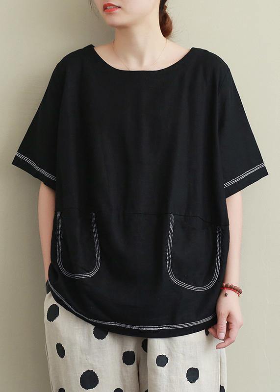 Women o neck Open wire decoration linen summer clothes black short shirt