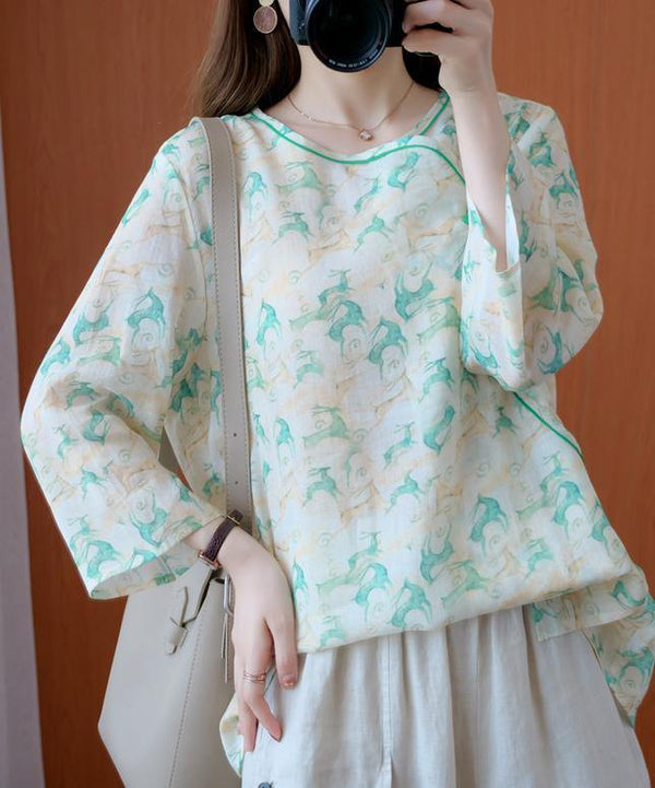 Simple o neck half sleeve clothes Tutorials green print top