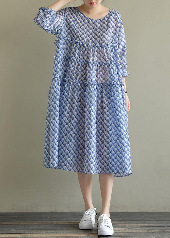 Italian o neck large hem chiffon dress fine Wardrobes blue print Art Dress Summer