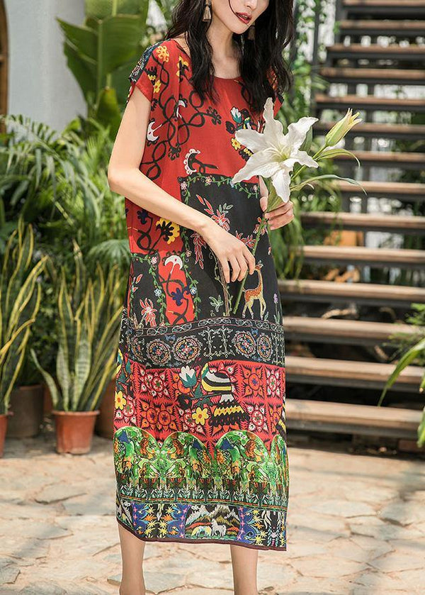 Bohemian o neck side open silk dress pattern multicolor Dress summer