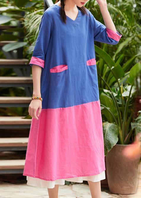 French v neck patchwork linen clothes For Women blue print Dress summer