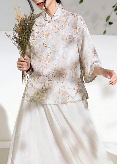 Classy light gray floral  linen Long Shirts flare sleeve silhouette stand collar shirts
