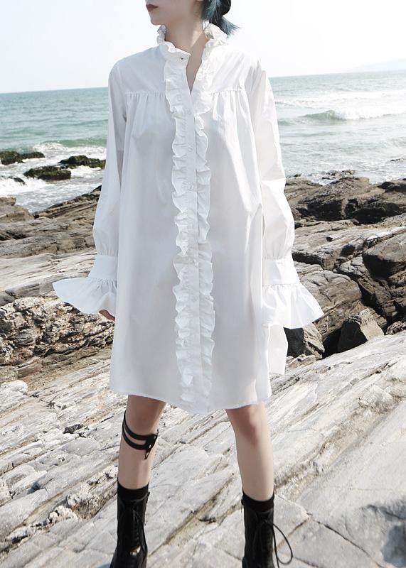 Vivid flare sleeve cotton ruffles Tunics Work white stand collar Art shirt Dress