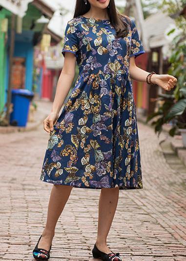 Women blue print cotton clothes o neck Cinched Plus Size Clothing summer Dress