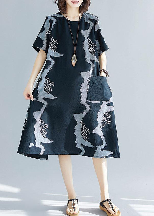 Women black prints cotton quilting clothes big pockets Plus Size  summer Dress