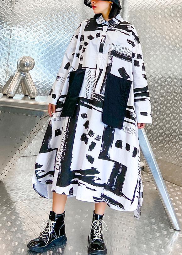 Women lapel pockets fall Tunics pattern black white print long Dresses