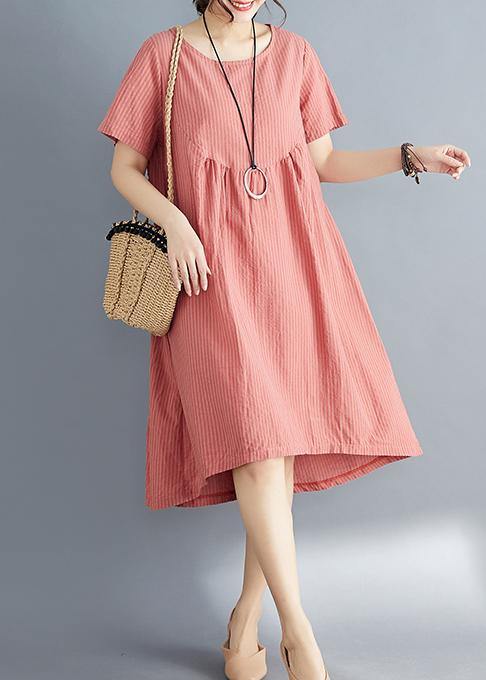 Women red striped Cotton clothes stylish o neck asymmetric tunic Summer Dress