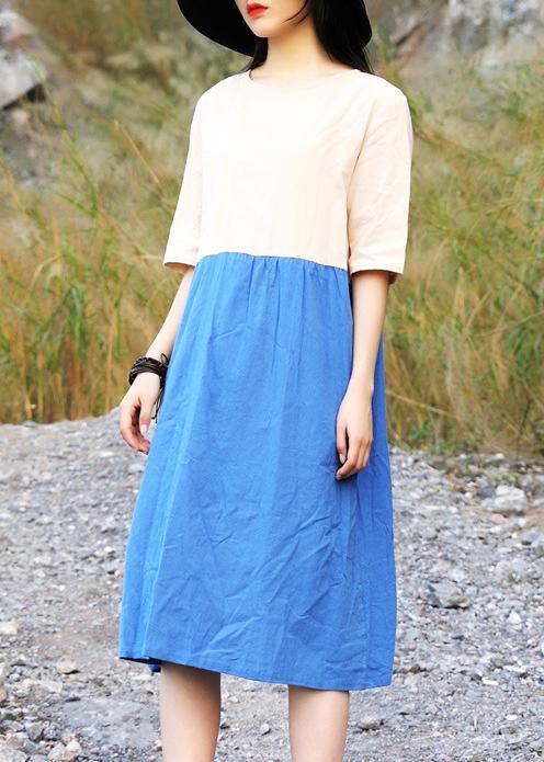 Women Cotton blue Vintage Summer Vintage Solid Color Short Dress