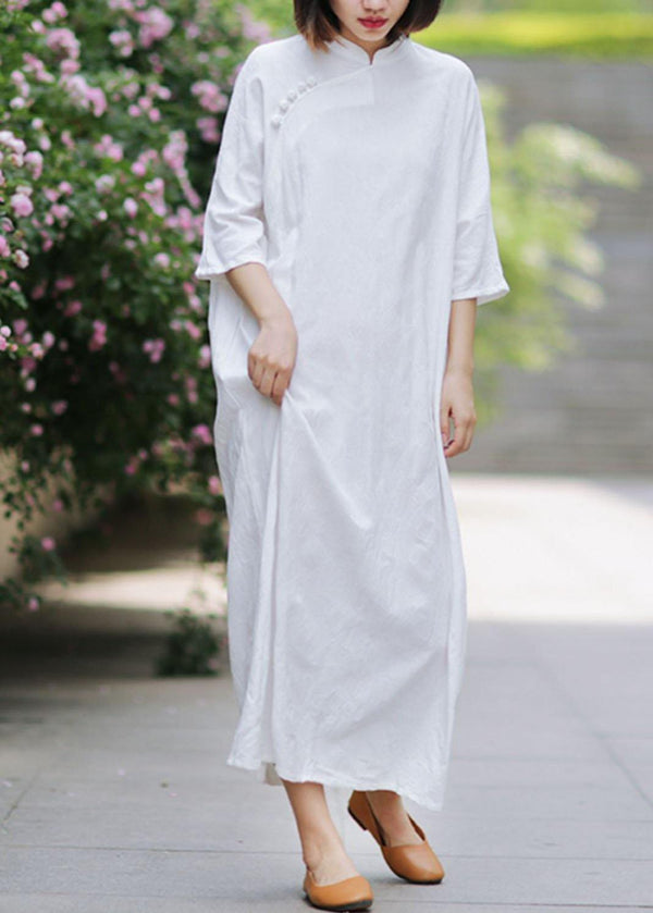 Unique stand collar half sleeve linen summerLong Shirts Tunic dress white Dress