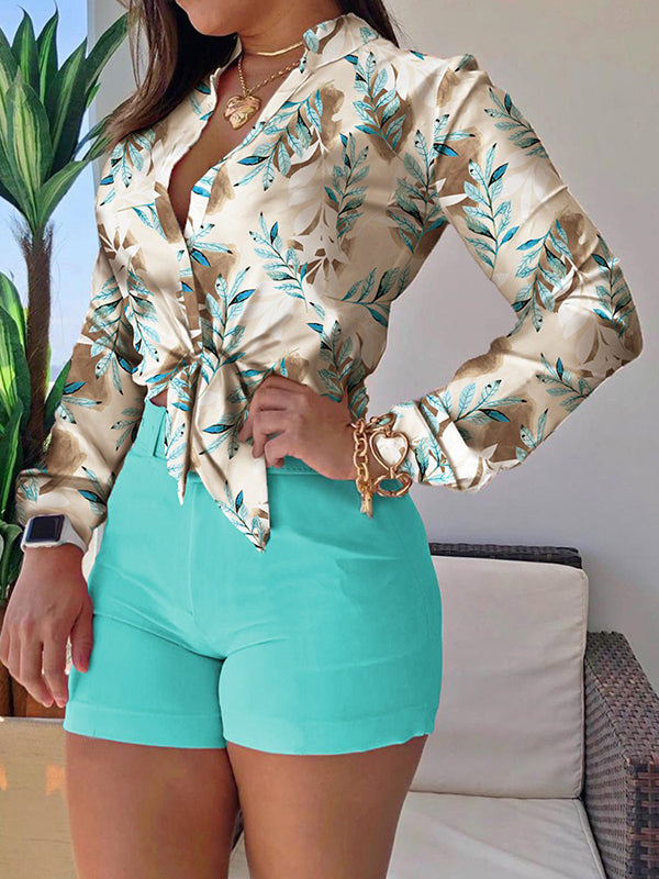 Long Sleeves Buttoned Leaves Print Deep V-Neck Shirts Top +Belted Shorts Bottom Two Pieces Set