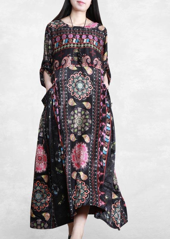 Bohemian Black Print Dress O Neck Pockets Plus Size Dress